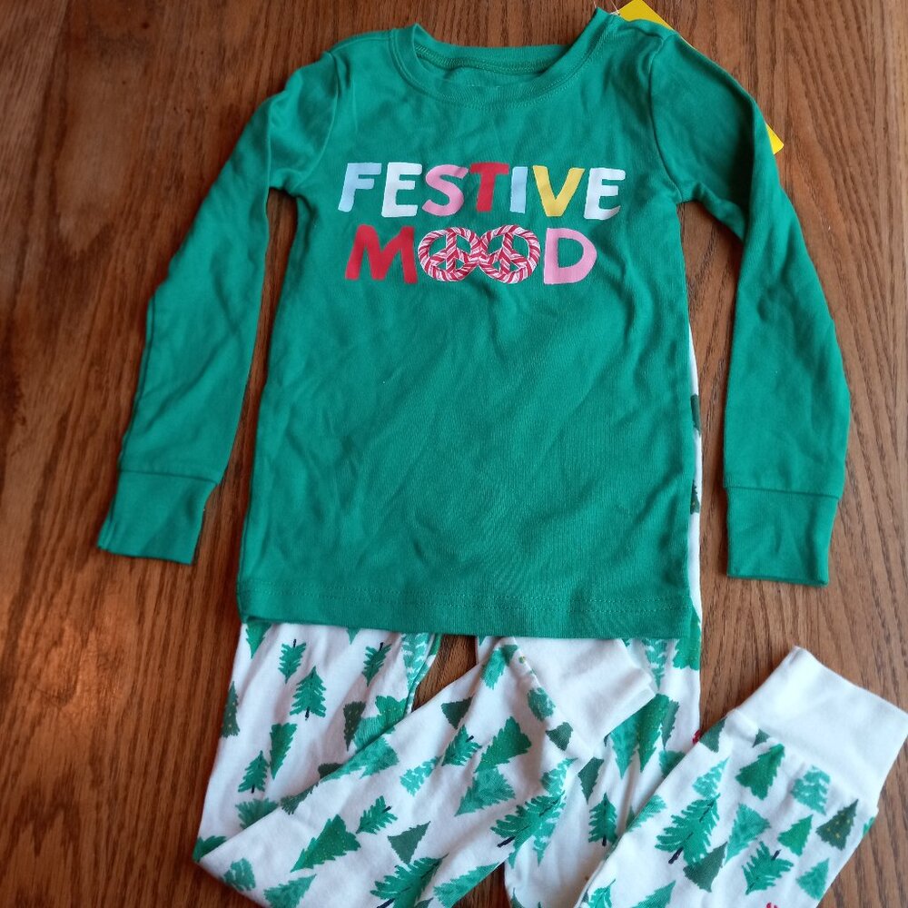 NWT Christmas Holiday Festive Mood Pajama Set Size 4T Cotton PJs Xmas Morning